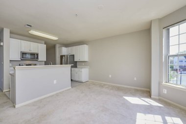 Boş oturma odası ve mutfak iç tasarımı. 3d oluşturma 