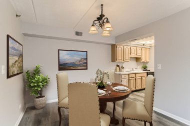 Modern yemek odasının içinde masa ve sandalyeler, 3 boyutlu görüntüleme