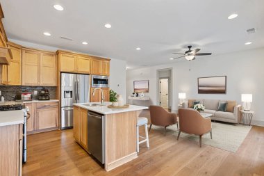 Modern mutfak iç mimarisi. 3B görüntüleme