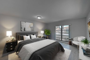 Modern yatak odasının içi. 3B görüntüleme