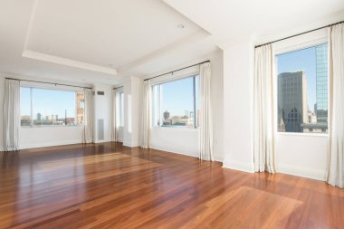 Ahşap zemini olan modern bir daire. 3d oluşturma