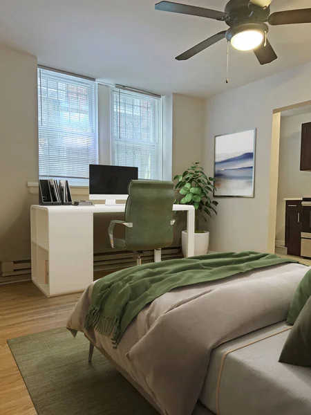 Interior Dormitorio Moderno Con Cama Cómoda Renderizado —  Fotos de Stock