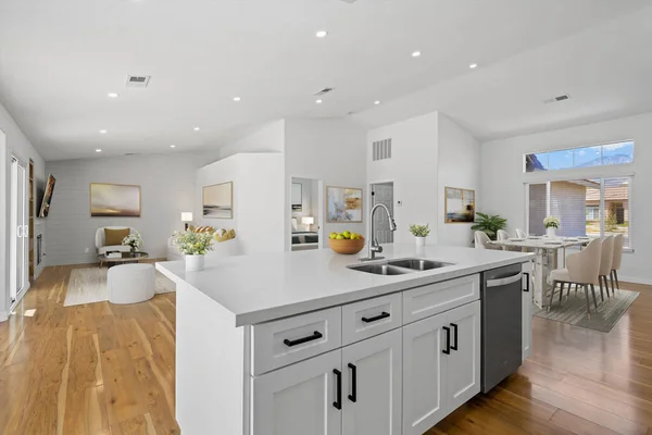 Modern Kitchen White Walls Wooden Floor Rendering — Stockfoto