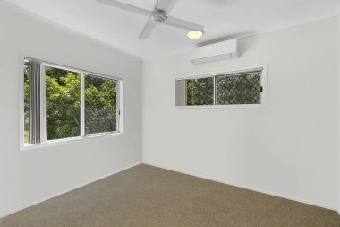 Boş yatak odasının içi. 3d oluşturma