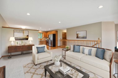 Kanepeli, rahat, modern bir evin 3D görüntüsü..