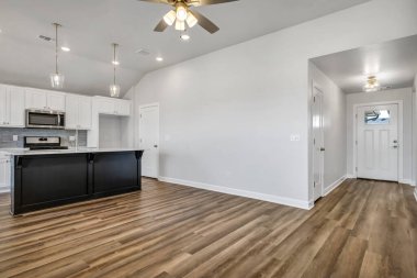 modern mutfak ahşap zemin ve beyaz duvarlar, 3 boyutlu tasarım