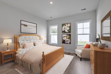 Rahat yatağı olan modern bir yatak odası. 3d oluşturma