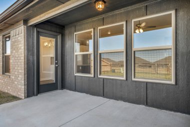 tuğlalı ve ahşap elementli güzel bir ev, 3 boyutlu tasarım.