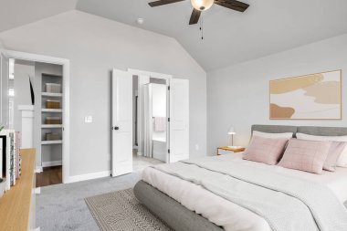 Rahat yatağı olan modern bir yatak odası. 3d oluşturma