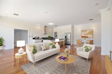 Modern oturma odası iç. 3D render