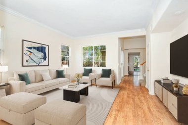 Modern oturma odası iç. 3D render