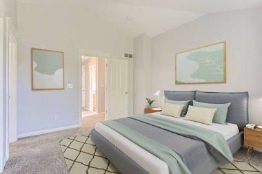 Rahat yatağı olan modern bir yatak odası. 3d oluşturma