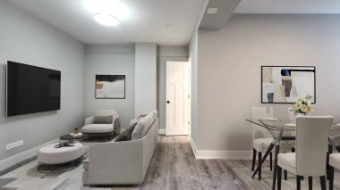 Modern oturma odasının içinde kanepe var. 3d oluşturma