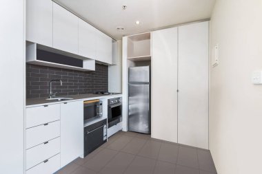 Basit ve modern mutfak iç tasarımı, 3D resimleme