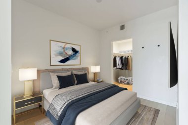 Rahat yatağı olan modern bir yatak odası. 3d oluşturma