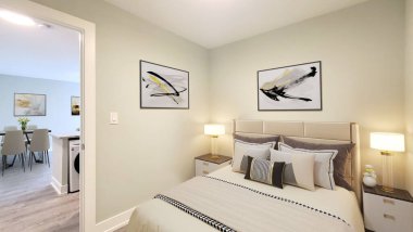 Rahat yatağı olan modern bir yatak odası. 3d oluşturma