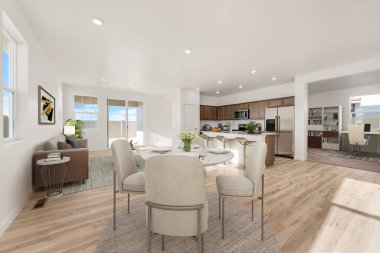 Modern oturma odasının içi, beyaz ve kahverengi.