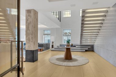 Geniş oturma odası. Modern çağdaş iç mekan. 3d hazırlayıcı