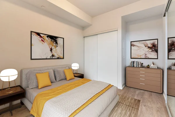 Interior Dormitorio Moderno Con Cama Cómoda Renderizado —  Fotos de Stock
