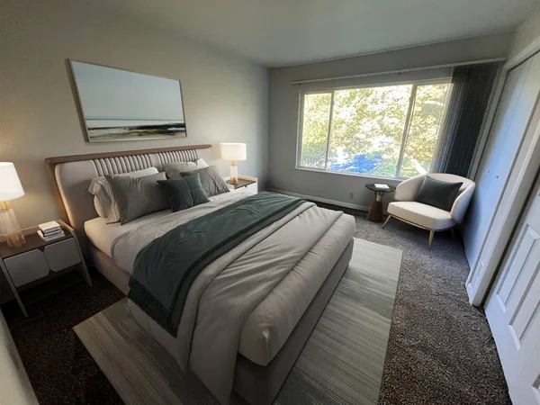 快適なベッドとモダンなベッドルームのインテリア 3Dレンダリング — ストック写真