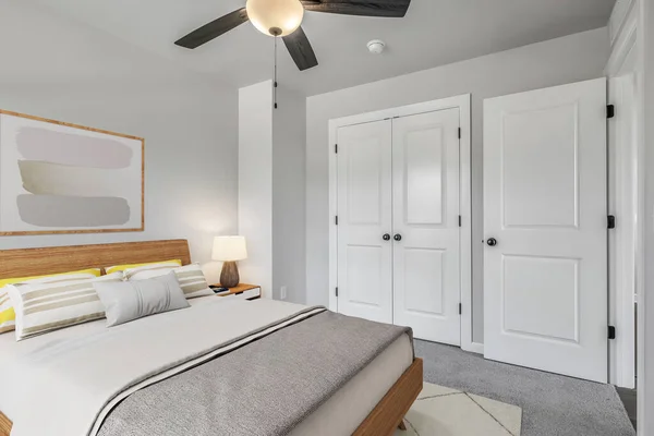 快適なベッドとモダンなベッドルームのインテリア 3Dレンダリング — ストック写真