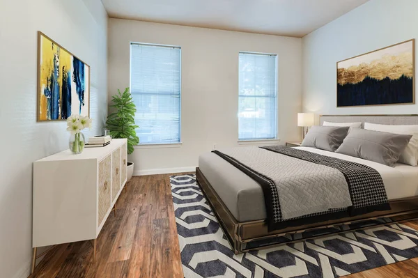 Ahşap Zeminli Modern Yatak Odasının Içi — Stok fotoğraf