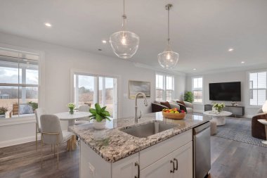 interior of modern kitchen with wooden floor and white walls. 3d rendering
