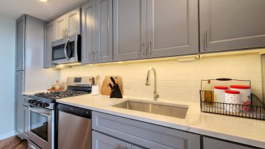 Basit ve modern mutfak iç tasarımı, 3D resimleme