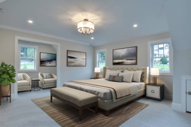 interior of a modern bedroom with a large bed 