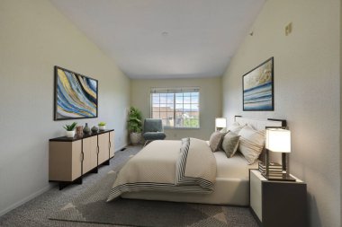 Modern yatak odası, iç mekan, oda, mobilya. 3d oluşturma