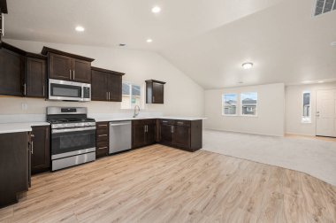 Modern mutfak iç mimarisi. 3B görüntüleme