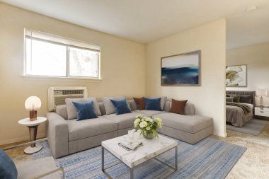 Modern oturma odası iç. 3D render