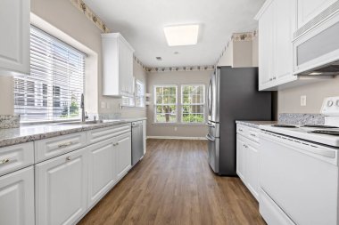 Büyük lüks, modern, rahat yemek odası ve mutfak, 3D tasarım.