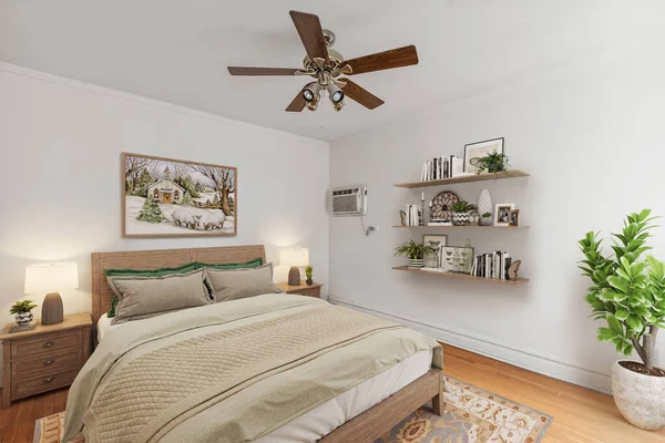 Acogedor Dormitorio Con Paredes Blancas Suelo Madera —  Fotos de Stock