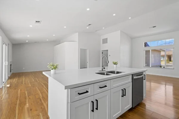 Kücheneinrichtung Mit Weißen Und Grauen Wänden Darstellung — Stockfoto