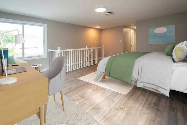 Rahat yatağı olan modern bir yatak odası. 3d oluşturma