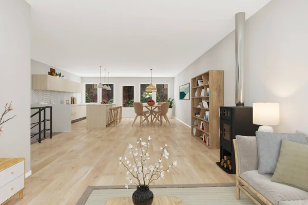 木製の床と白い壁を持つリビングルーム誰も内部と家庭のコンセプト — ストック写真