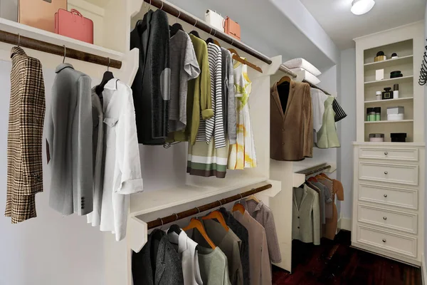 interior of modern clothes in wardrobe