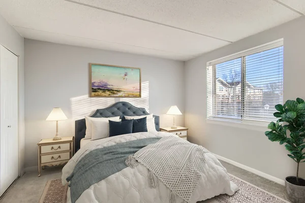 Modern yatak odasının içi. 3B görüntüleme 