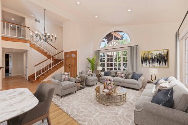 Geniş pencereli, modern bir oturma odası. 3d oluşturma 