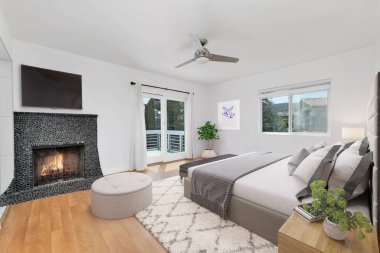 Modern ve şık bir yatak odası, 3 boyutlu. 