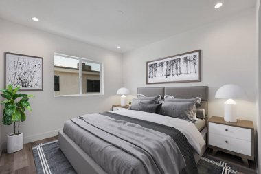 Konforlu yatak odası iç tasarımı, 3D sunum tasarımı