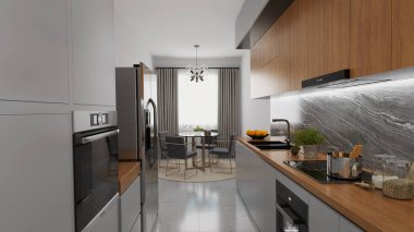 Modern mutfak, beyaz duvarlar ve geniş bir pencere. 3d oluşturma