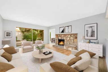 Kanepesi ve şöminesi olan modern bir oturma odası. 3d oluşturma