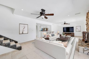 Modern oturma odası, iç tasarım. 3d oluşturma