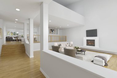 Beyaz duvarlı, geniş pencereli, oturma odalı modern bir oda. 3d oluşturma