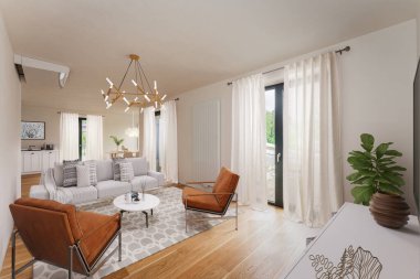 İçinde kanepe ve sandalyeler olan modern bir oturma odası. 3d oluşturma