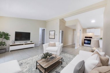 Beyaz duvarlı oturma odasının iç tasarımı. 3d oluşturma