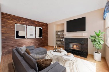 Kanepesi ve ahşap zemini olan modern oturma odasının içinde. 3d oluşturma 