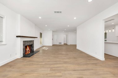 Yeni bir evdeki boş modern oda, iç mekan. 3d oluşturma